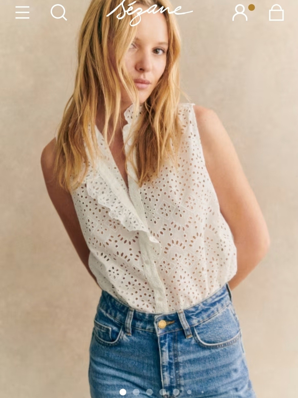 Sézane Celinda White Eyelet Ruffle Sleeveless Blouse